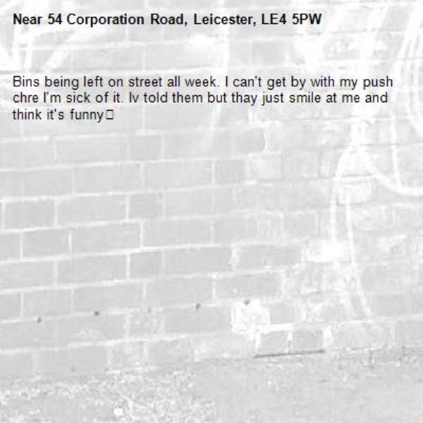 Bins being left on street all week. I can't get by with my push chre I'm sick of it. Iv told them but thay just smile at me and think it's funny😡-54 Corporation Road, Leicester, LE4 5PW
