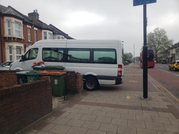 This small bus van constantly blocks 3/4 of pavement -387 Romford Road, Forest Gate, London, E7 8AB