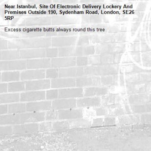 Excess cigarette butts always round this tree-Istanbul, Site Of Electronic Delivery Lockery And Premises Outside 190, Sydenham Road, London, SE26 5RP