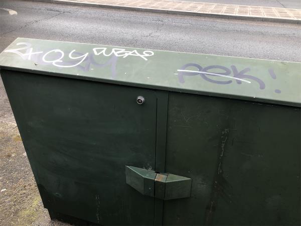 Remove graffiti from cable box  on Downham way outside front-Wesley Halls Community Centre, 2 Shroffold Road, Bromley, BR1 5PE