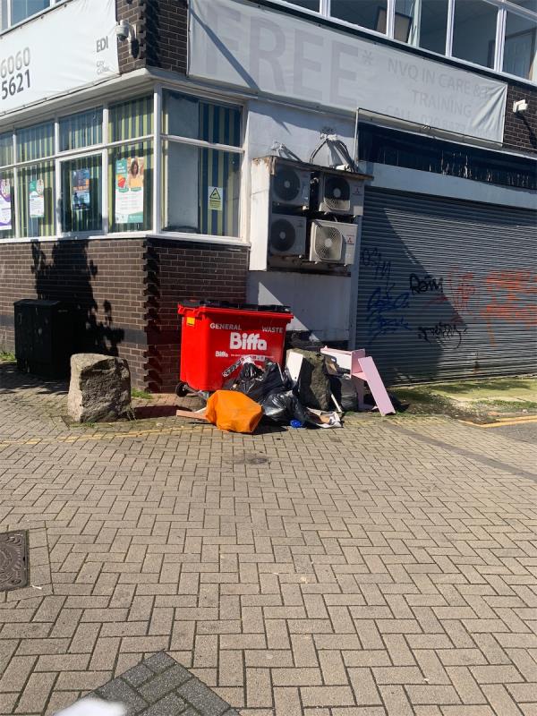 Lots of kitchen rubbish left near commercial bins-28 Terrace Road, Plaistow, London, E13 0PB