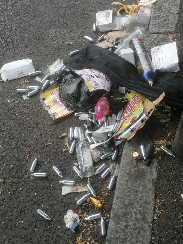 These 2 bags of canisters have been laying in the street for 4 or 5 days and they are a hazard. Can this be dealt with as soon as possible. On the grass verge opposite 76-78 Friendly Street -72 Friendly Street, London, SE8 4DR