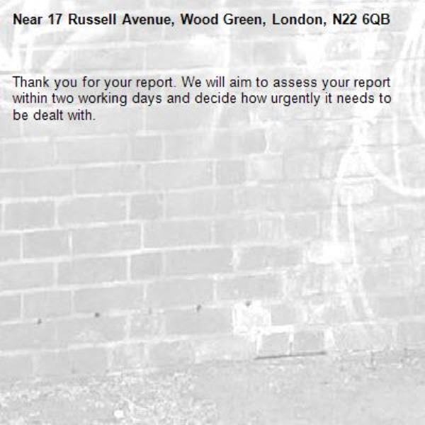 Thank you for your report. We will aim to assess your report within two working days and decide how urgently it needs to be dealt with.-17 Russell Avenue, Wood Green, London, N22 6QB
