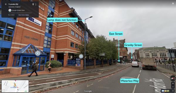 The street lamp on the west side of Waterloo Way, just prior to its junction with East Street and opposite Station Street, does not function. Please see the attached picture.-402 Waterloo Way, City Centre, LE2 0QE, England, United Kingdom