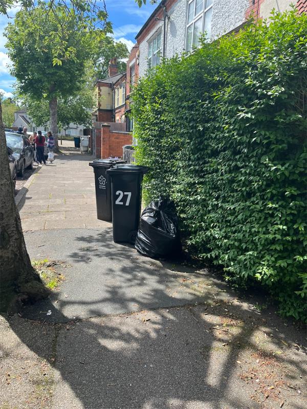 New tenants, new agent - Tranquility Homes. Details on photo. Large bag of rubbish left on pavement for 2 weeks now along with bin. Bag broken open and spilling into the street. This report is to do with no.29 not no.27, (this photo was taken after the bins were emptied last week and 27’s bin was just in the photo before it was taken off the street). This is a licensed rental property - if the landlord isn’t able to provide adequate bins or info about collections, why do they have a license? -29 Lavender Road, Leicester, LE3 1AL