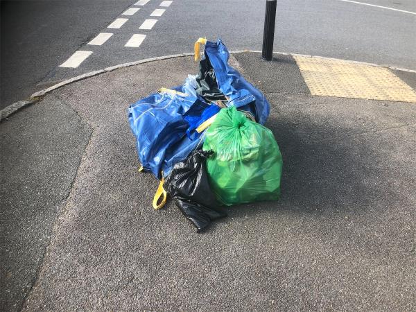 Please clear flytip of bags from junction of  Riddons Road-Grove Park Cemetery Lodge, Marvels Lane, Grove Park, London, SE12 9PU