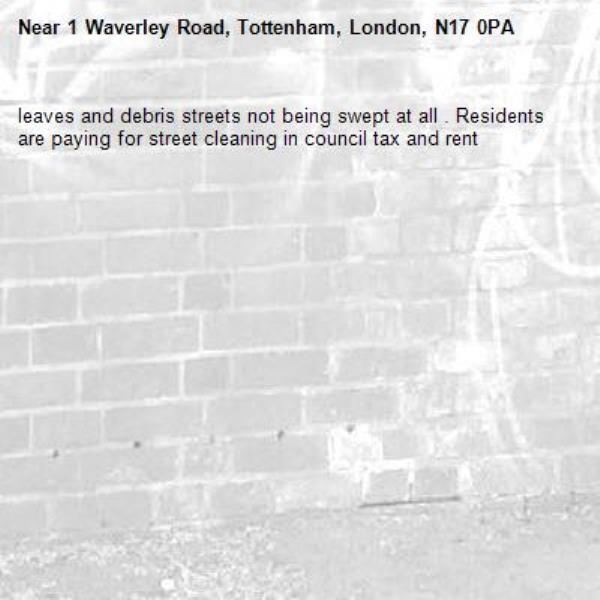 leaves and debris streets not being swept at all . Residents are paying for street cleaning in council tax and rent-1 Waverley Road, Tottenham, London, N17 0PA