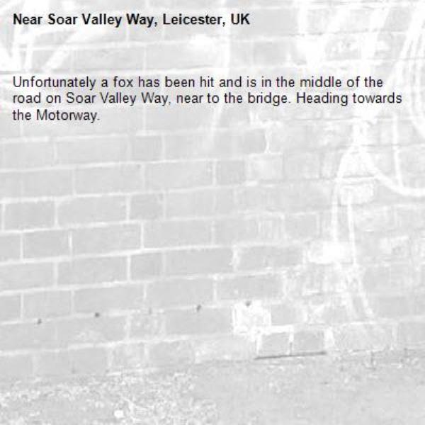 Unfortunately a fox has been hit and is in the middle of the road on Soar Valley Way, near to the bridge. Heading towards the Motorway.-Soar Valley Way, Leicester, UK