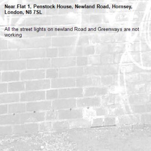 All the street lights on newland Road and Greenways are not working -Flat 1, Penstock House, Newland Road, Hornsey, London, N8 7SL