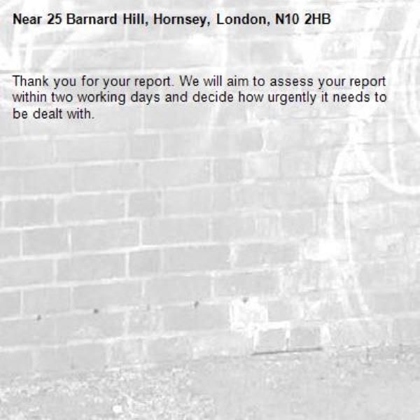Thank you for your report. We will aim to assess your report within two working days and decide how urgently it needs to be dealt with.-25 Barnard Hill, Hornsey, London, N10 2HB