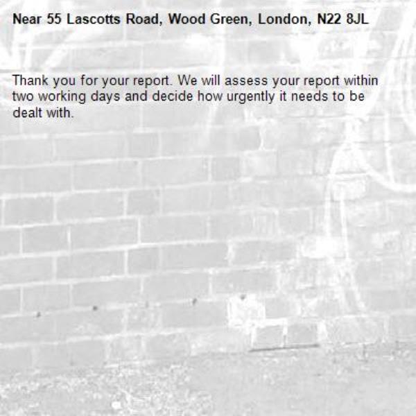 Thank you for your report. We will assess your report within two working days and decide how urgently it needs to be dealt with.-55 Lascotts Road, Wood Green, London, N22 8JL