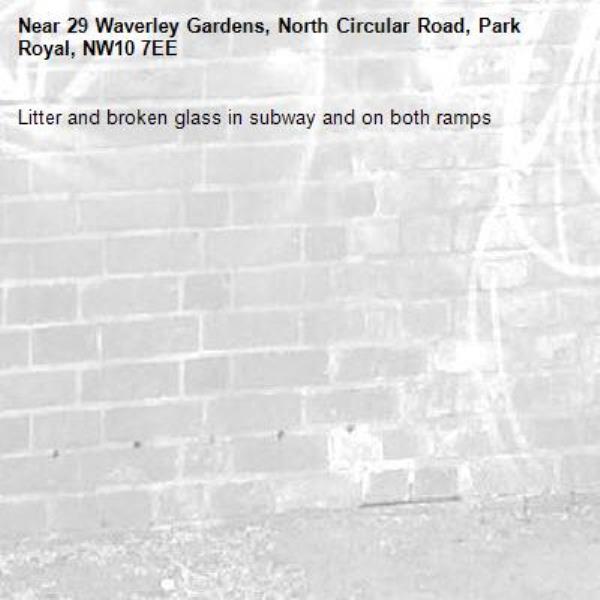 Litter and broken glass in subway and on both ramps -29 Waverley Gardens, North Circular Road, Park Royal, NW10 7EE