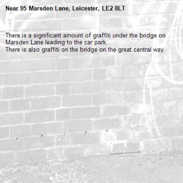 There is a significant amount of graffiti under the bridge on Marsden Lane leading to the car park.
There is also graffiti on the bridge on the great central way.-95 Marsden Lane, Leicester, LE2 8LT