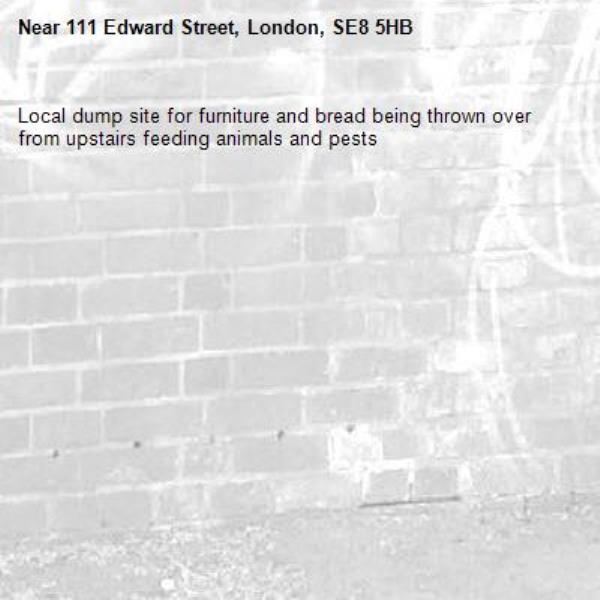Local dump site for furniture and bread being thrown over from upstairs feeding animals and pests -111 Edward Street, London, SE8 5HB