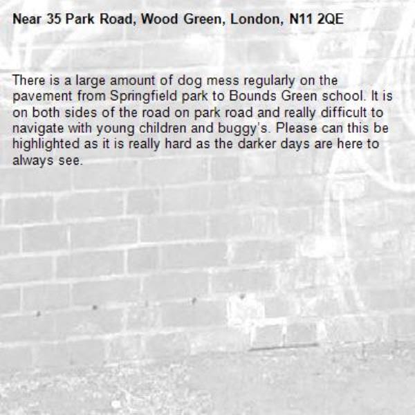 There is a large amount of dog mess regularly on the pavement from Springfield park to Bounds Green school. It is on both sides of the road on park road and really difficult to navigate with young children and buggy’s. Please can this be highlighted as it is really hard as the darker days are here to always see.-35 Park Road, Wood Green, London, N11 2QE