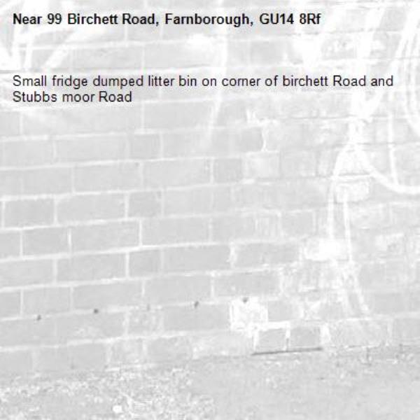 Small fridge dumped litter bin on corner of birchett Road and Stubbs moor Road -99 Birchett Road, Farnborough, GU14 8Rf