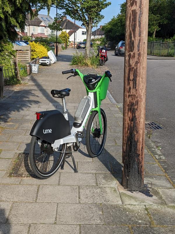Lime Bike left right across pavement by thoughtless user. 😡-91 Woodyates Road, London, SE12 9JQ