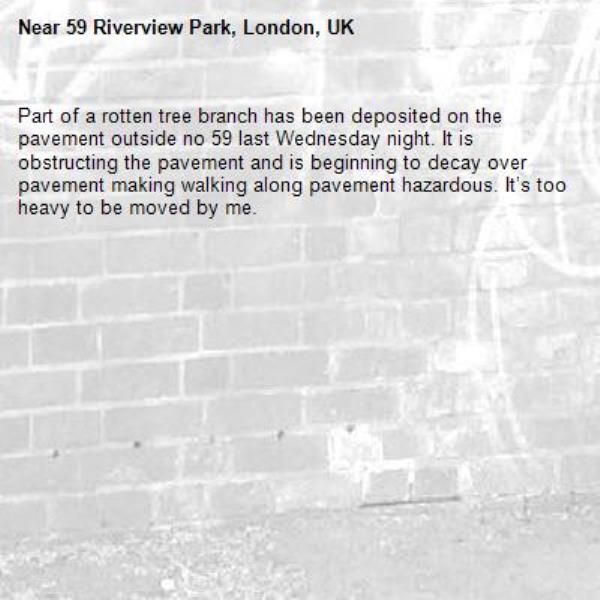 Part of a rotten tree branch has been deposited on the pavement outside no 59 last Wednesday night. It is obstructing the pavement and is beginning to decay over pavement making walking along pavement hazardous. It’s too heavy to be moved by me. -59 Riverview Park, London, UK