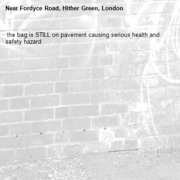  the bag is STILL on pavement causing serious health and safety hazard -Fordyce Road, Hither Green, London