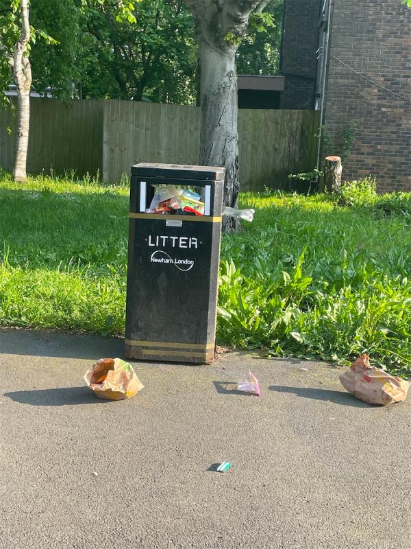 Once again litter bin opposite 14 Renfrew Close has not been emptied and is overflowing o to pavement. Please attend to asap! Thanks -14 Renfrew Close, Beckton, London, E6 5PG