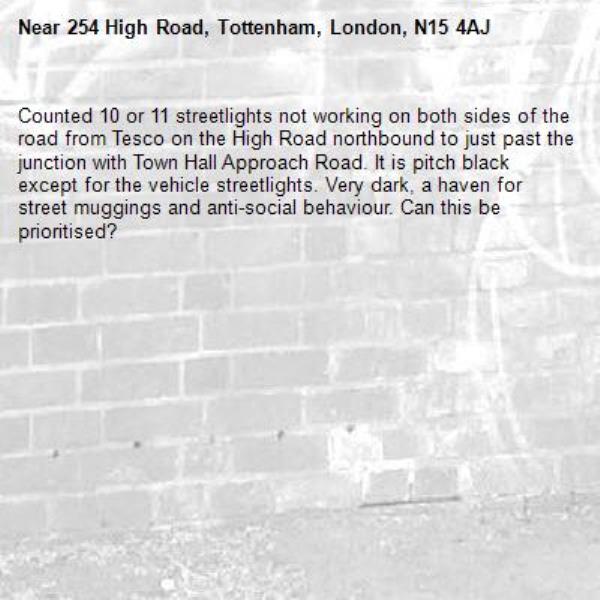Counted 10 or 11 streetlights not working on both sides of the road from Tesco on the High Road northbound to just past the junction with Town Hall Approach Road. It is pitch black except for the vehicle streetlights. Very dark, a haven for street muggings and anti-social behaviour. Can this be prioritised?-254 High Road, Tottenham, London, N15 4AJ