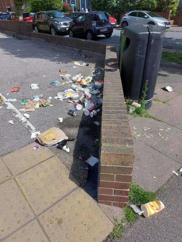 Overflowing bin. Probably down to the seagulls 😕. Outside the jobcentre. -Flat 1, Dene Place, 26 St Leonards Road, Eastbourne, BN21 3UX