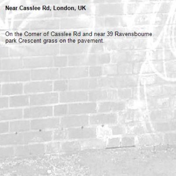On the Corner of Casslee Rd and near 39 Ravensbourne park Crescent grass on the pavement. -Casslee Rd, London, UK