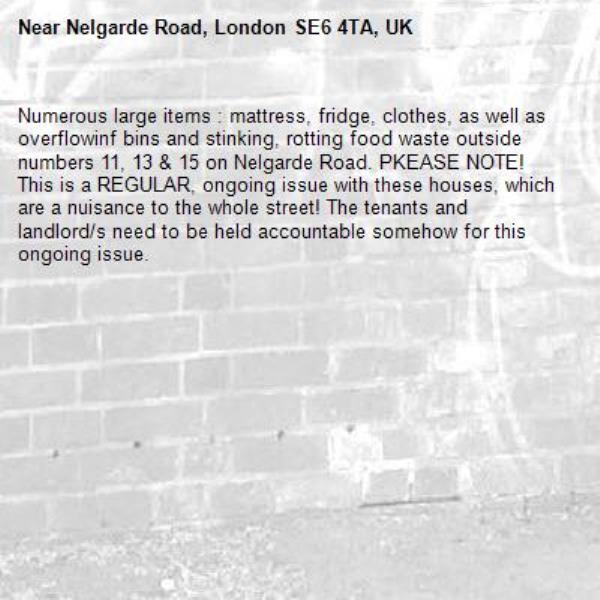 Numerous large items : mattress, fridge, clothes, as well as overflowinf bins and stinking, rotting food waste outside numbers 11, 13 &amp; 15 on Nelgarde Road. PKEASE NOTE! This is a REGULAR, ongoing issue with these houses, which are a nuisance to the whole street! The tenants and landlord/s need to be held accountable somehow for this ongoing issue. -Nelgarde Road, London SE6 4TA, UK