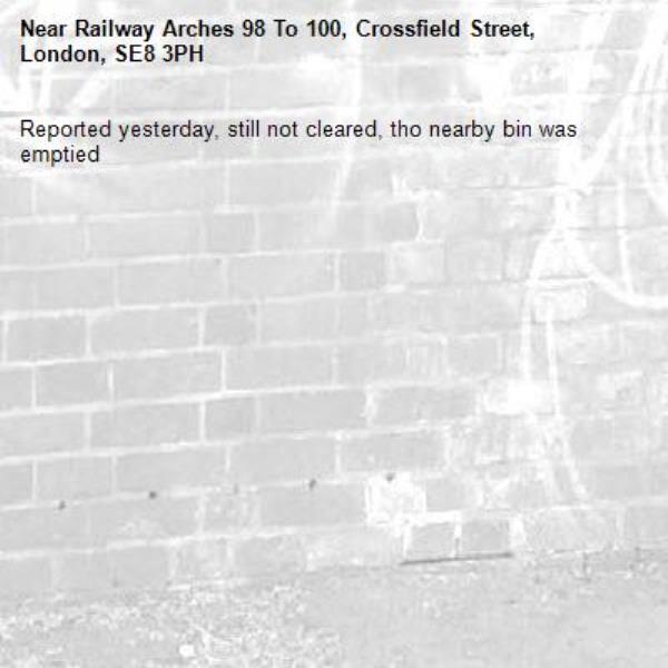 Reported yesterday, still not cleared, tho nearby bin was emptied-Railway Arches 98 To 100, Crossfield Street, London, SE8 3PH