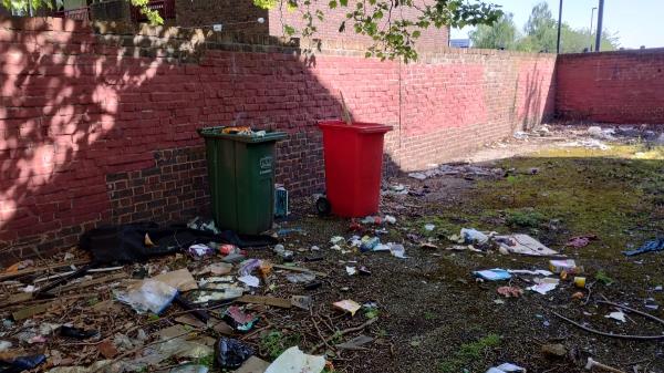 Flytipping and abandoned bins dumped in walled garden at end of row of terraces of Dillwyn Road estate.-18 Bell Green, London, SE26 4PZ