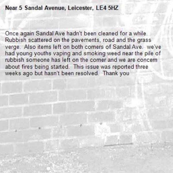 Once again Sandal Ave hadn’t been cleaned for a while. Rubbish scattered on the pavements, road and the grass verge.  Also items left on both corners of Sandal Ave.  we’ve had young youths vaping and smoking weed near the pile of rubbish someone has left on the corner and we are concern about fires being started.  This issue was reported three weeks ago but hasn’t been resolved.  Thank you -5 Sandal Avenue, Leicester, LE4 5HZ