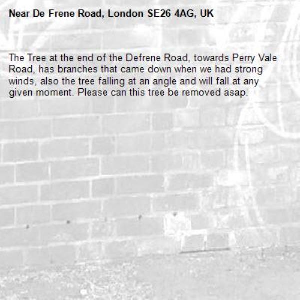 The Tree at the end of the Defrene Road, towards Perry Vale Road, has branches that came down when we had strong winds, also the tree falling at an angle and will fall at any given moment. Please can this tree be removed asap.-De Frene Road, London SE26 4AG, UK