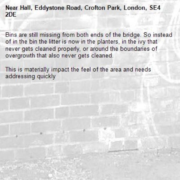 Bins are still missing from both ends of the bridge. So instead of in the bin the litter is now in the planters, in the ivy that never gets cleaned properly, or around the boundaries of overgrowth that also never gets cleaned.

This is materially impact the feel of the area and needs addressing quickly -Hall, Eddystone Road, Crofton Park, London, SE4 2DE