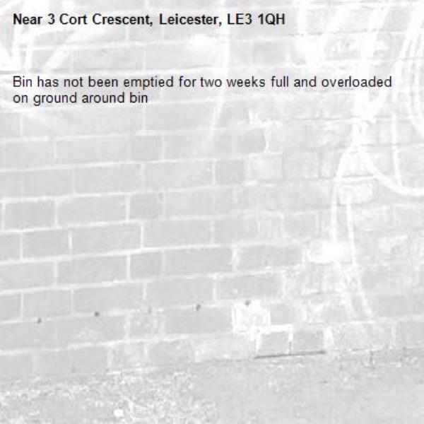 Bin has not been emptied for two weeks full and overloaded on ground around bin -3 Cort Crescent, Leicester, LE3 1QH