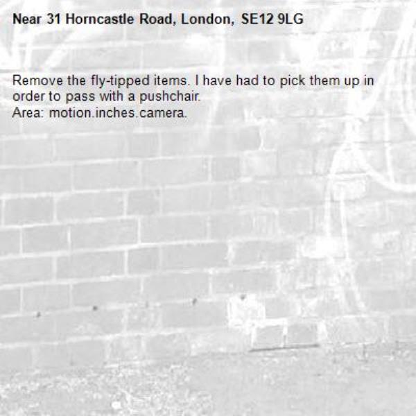 Remove the fly-tipped items. I have had to pick them up in order to pass with a pushchair.
Area: motion.inches.camera.-31 Horncastle Road, London, SE12 9LG