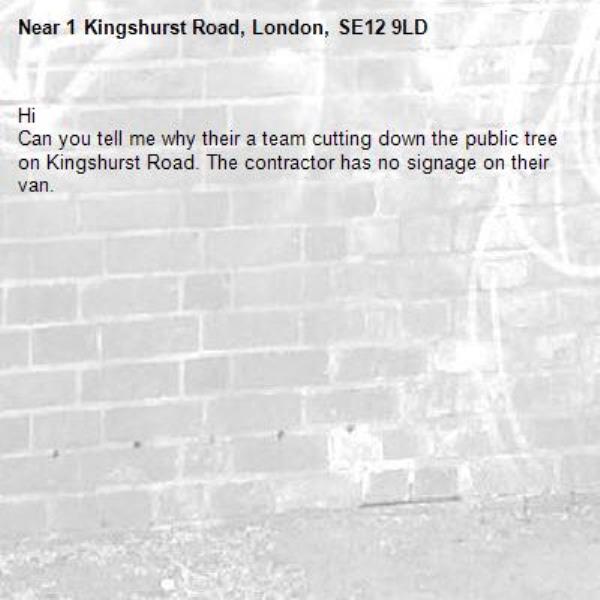 Hi 
Can you tell me why their a team cutting down the public tree on Kingshurst Road. The contractor has no signage on their van.-1 Kingshurst Road, London, SE12 9LD