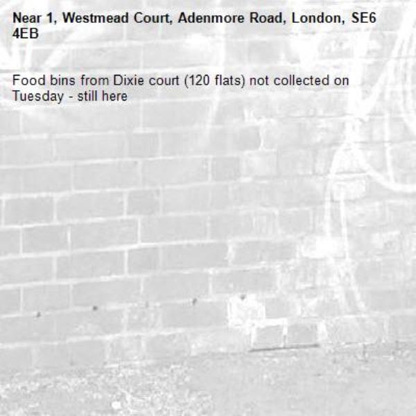 Food bins from Dixie court (120 flats) not collected on Tuesday - still here -1, Westmead Court, Adenmore Road, London, SE6 4EB