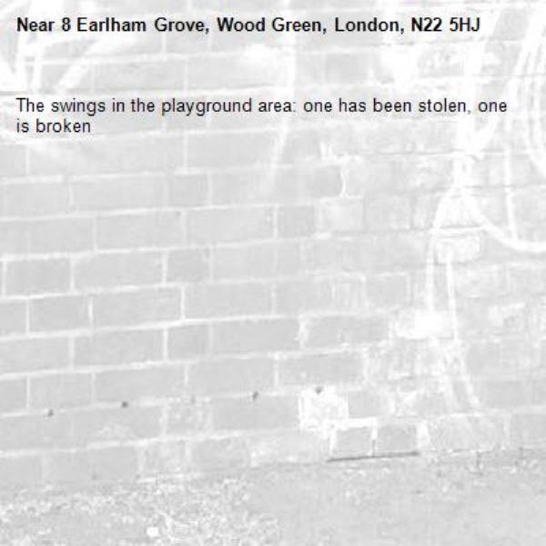 The swings in the playground area: one has been stolen, one is broken -8 Earlham Grove, Wood Green, London, N22 5HJ