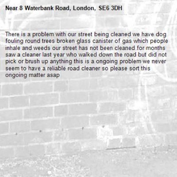 There is a problem with our street being cleaned we have dog fouling round trees broken glass canister of gas which people inhale and weeds our street has not been cleaned for months saw a cleaner last year who walked down the road but did not pick or brush up anything this is a ongoing problem we never seem to have a reliable road cleaner so please sort this ongoing matter asap-8 Waterbank Road, London, SE6 3DH