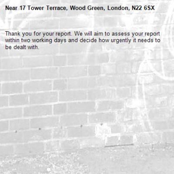 Thank you for your report. We will aim to assess your report within two working days and decide how urgently it needs to be dealt with.-17 Tower Terrace, Wood Green, London, N22 6SX