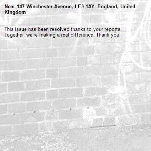 This issue has been resolved thanks to your reports.
Together, we’re making a real difference. Thank you.
-147 Winchester Avenue, LE3 1AY, England, United Kingdom