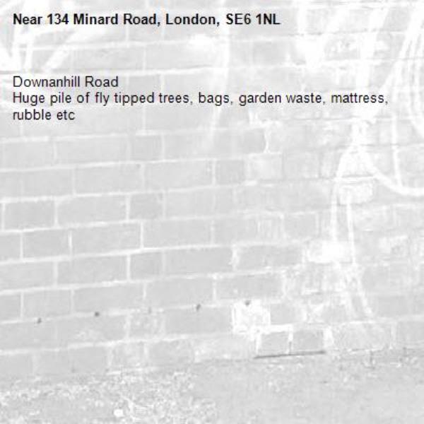 Downanhill Road
Huge pile of fly tipped trees, bags, garden waste, mattress, rubble etc
-134 Minard Road, London, SE6 1NL