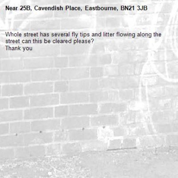 Whole street has several fly tips and litter flowing along the street can this be cleared please? 
Thank you-25B, Cavendish Place, Eastbourne, BN21 3JB