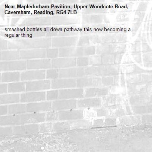 smashed bottles all down pathway this now becoming a regular thing-Mapledurham Pavilion, Upper Woodcote Road, Caversham, Reading, RG4 7LB