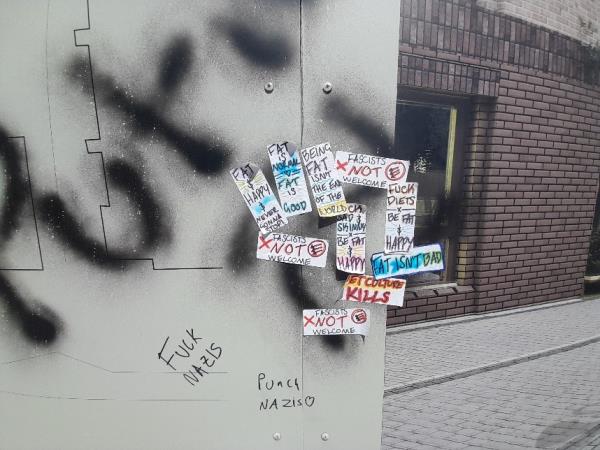 Swastikas on construction wall at old baths. Facing the main road-205-207 King's Road, Reading, RG1 4LS