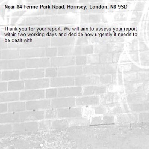 Thank you for your report. We will aim to assess your report within two working days and decide how urgently it needs to be dealt with.-84 Ferme Park Road, Hornsey, London, N8 9SD