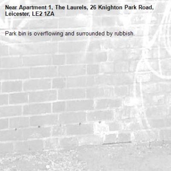 Park bin is overflowing and surrounded by rubbish.-Apartment 1, The Laurels, 26 Knighton Park Road, Leicester, LE2 1ZA