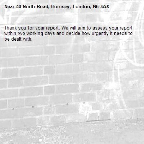 Thank you for your report. We will aim to assess your report within two working days and decide how urgently it needs to be dealt with.-40 North Road, Hornsey, London, N6 4AX