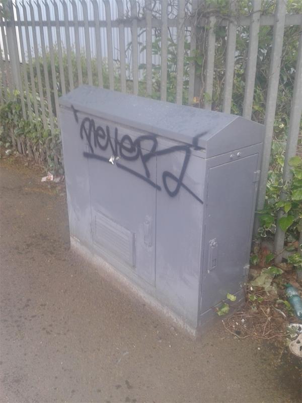 Remove graffiti from  cable box (2)-Screwfix, Unit 1, Lower Sydenham Industrial Estate, Kangley Bridge Road, Lower Sydenham, London, SE26 5BA