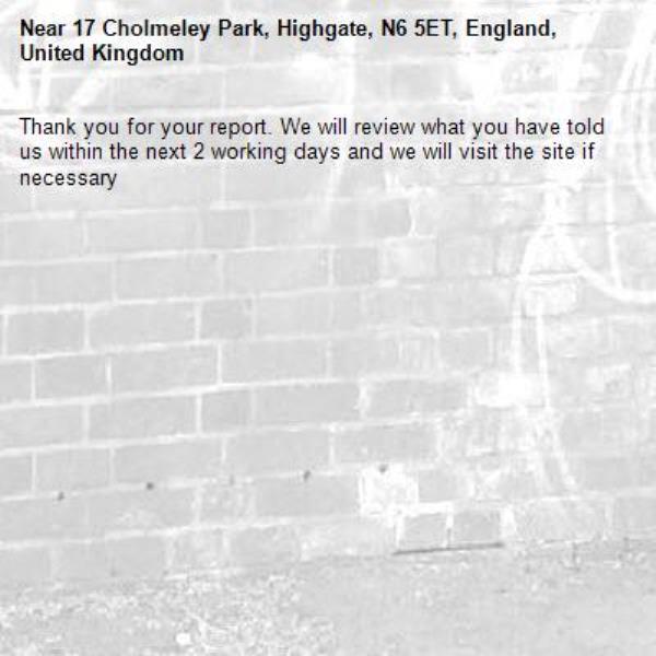 Thank you for your report. We will review what you have told us within the next 2 working days and we will visit the site if necessary-17 Cholmeley Park, Highgate, N6 5ET, England, United Kingdom